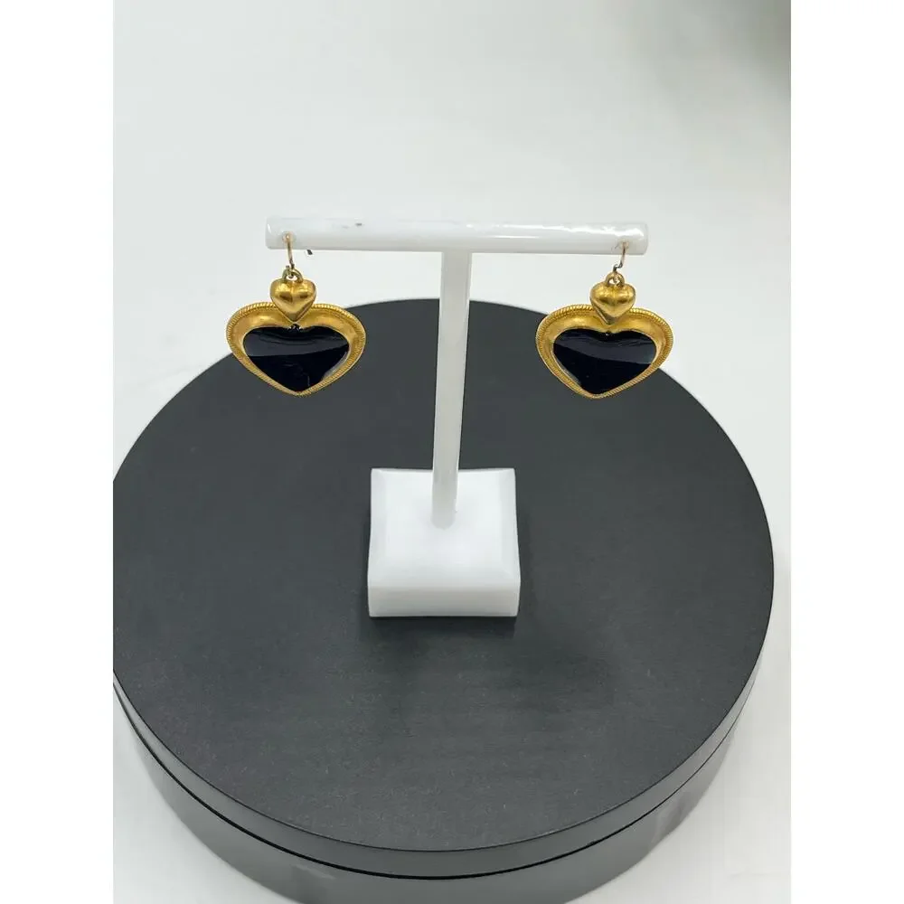 Vintage Gold Tone‎ and Black Enamel Heart Dangle Drop Earrings